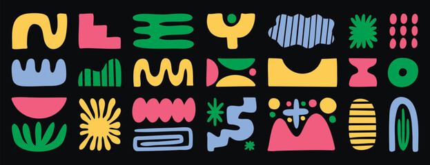 Obraz premium Neon organic shapes on black background in modern matisse inspired style. Hand drawn.