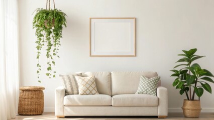 Cozy living room with sofa plants and minimalist art decor in soft lighting