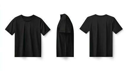 Blank black t shirt front back and side views