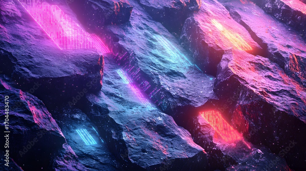 Poster intricate, fractured rock formations illuminated by vibrant neon lines and glowing patterns.