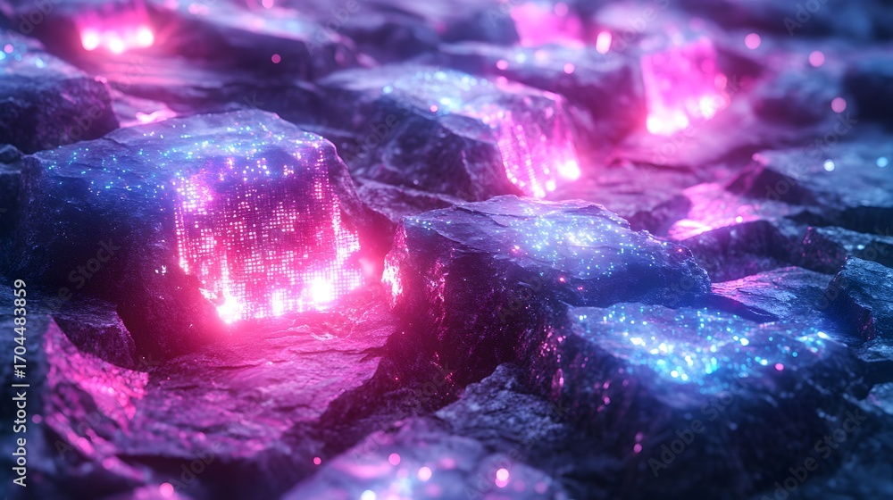 Poster a close-up view of rocks glowing with vibrant pink and blue light, displaying intricate digital patt