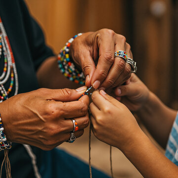 Native American. A child learning about traditional beadwork from an elder's hands, generational connection, teaching, close-up, emotional, warm and inviting light.