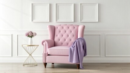 Elegant pink tufted wingback armchair with lilac throw and flowers in a bright room