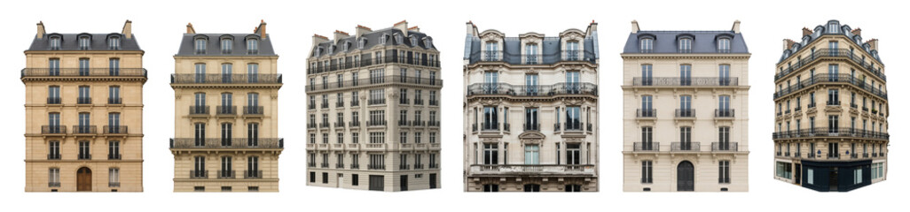 Fototapeta premium Parisian Haussmannian building set including classic facades, corner views, and storefronts isolated. European architecture collection.