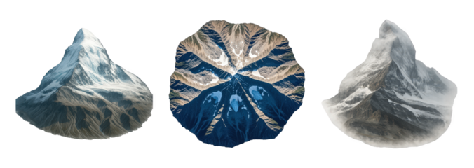 Mountain peaks set including snow, rock, and glaciated formations isolated. Nature, adventure, and landscape design elements.