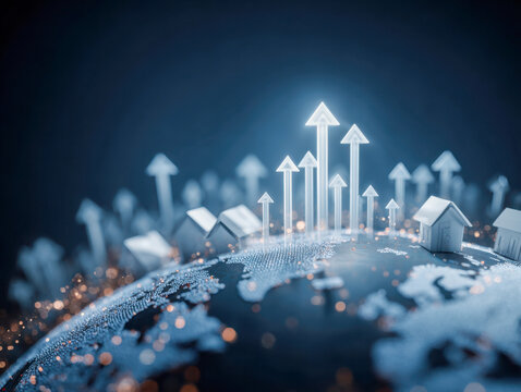 Conceptual illustration of global real estate market growth with ascending arrows and miniature houses positioned on a digital map globe symbolizing increasing property values worl - Powered by Adobe