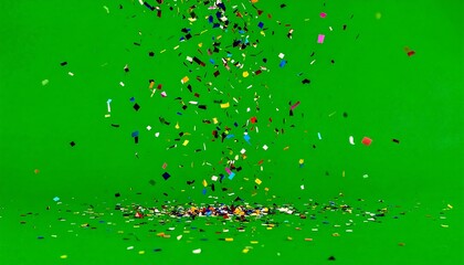 Vibrant confetti rains down on a green backdrop, creating a celebratory and festive atmosphere. Various shapes and colors cascade