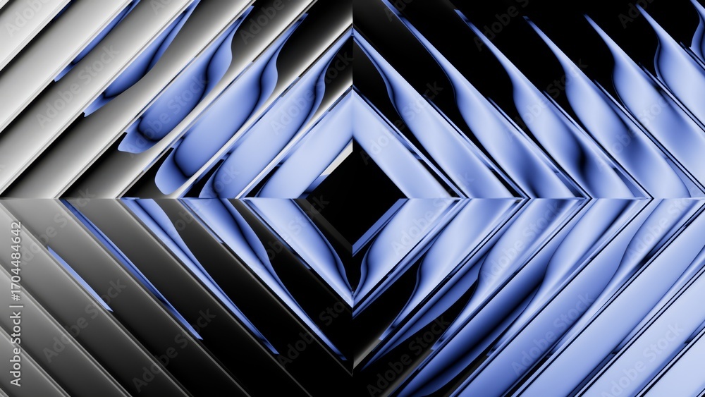 Poster 3d render. abstract geometric background of metallic rhombus shapes. blue grey gradient refracted in