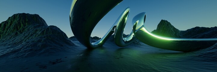 A massive chrome sculpture wraps around a futuristic landscape of black stone mountains. 3d render...
