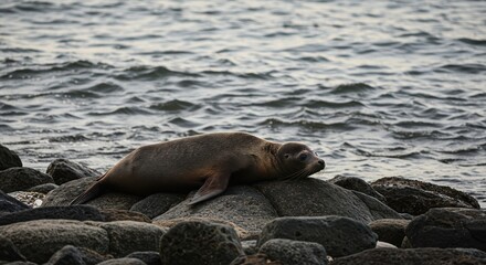 Fototapeta premium A seal lying on rocky shore
