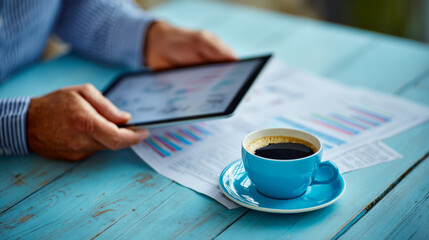 Close-up of a person analyzing colorful business charts on a tablet with printed graphs nearby and a bright blue cup of black coffee on a rustic wooden table
