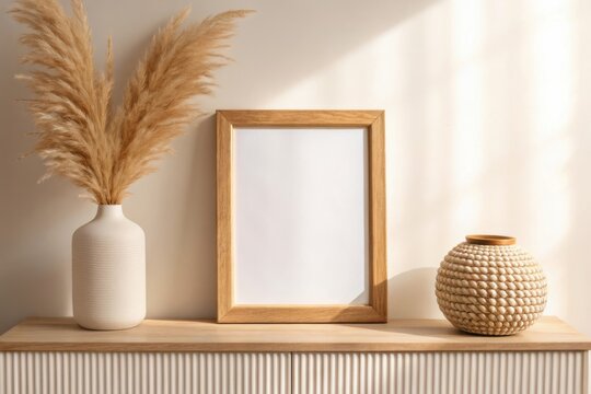 Empty wooden frame on shelf with dried flowers and decorative vase natural light