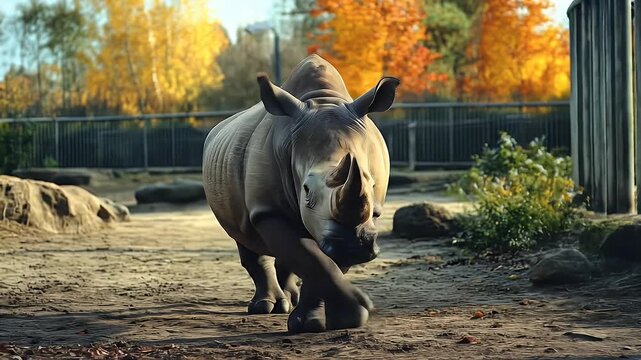 Majestic rhinoceros walking in its natural habitat during the day.