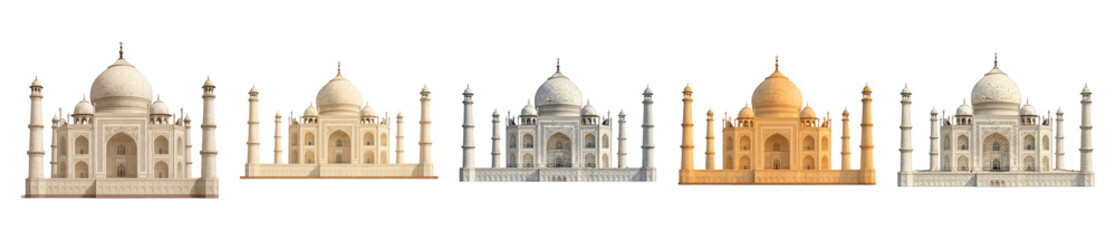 Taj Mahal set including white, beige, grey, and golden versions isolated. Indian architecture landmark collection.