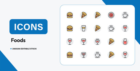 Food Colored Icons Set Fast Food Pizza Burger Drinks Coffee and Restaurant Vector Symbols