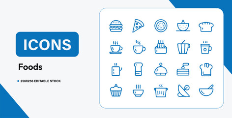 Food Line Icons Set Fast Food Coffee Bakery Restaurant and Kitchen Vector Symbols