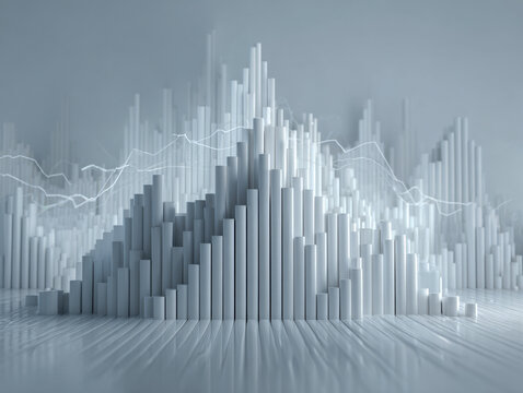 Abstract three-dimensional bar graph visualization with varying heights representing data peaks and trends in a futuristic digital environment with soft lighting - Powered by Adobe