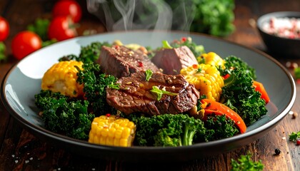 Steaming steak atop a bed of greens with corn & tomatoes, displayed on a grey plate and wooden surface