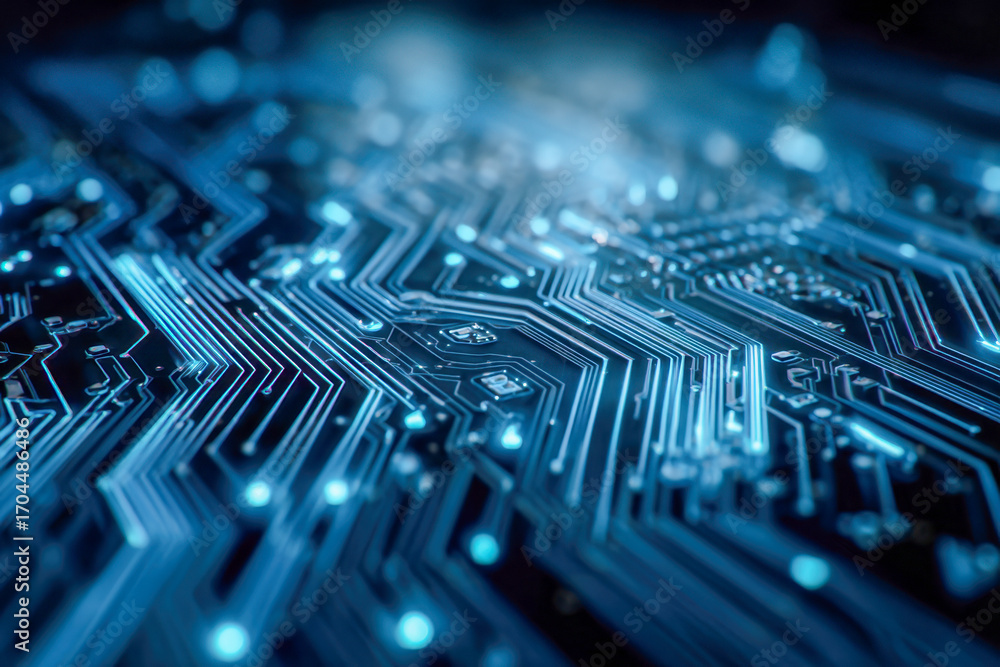 Poster close-up view of a futuristic computer circuit board illuminated with bright blue led lights, showca