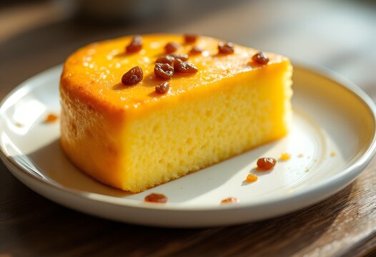 Close-up of a slice of moist pudding cake with caramelized sugar and raisins on a white plate against a wooden table background with warm tones.