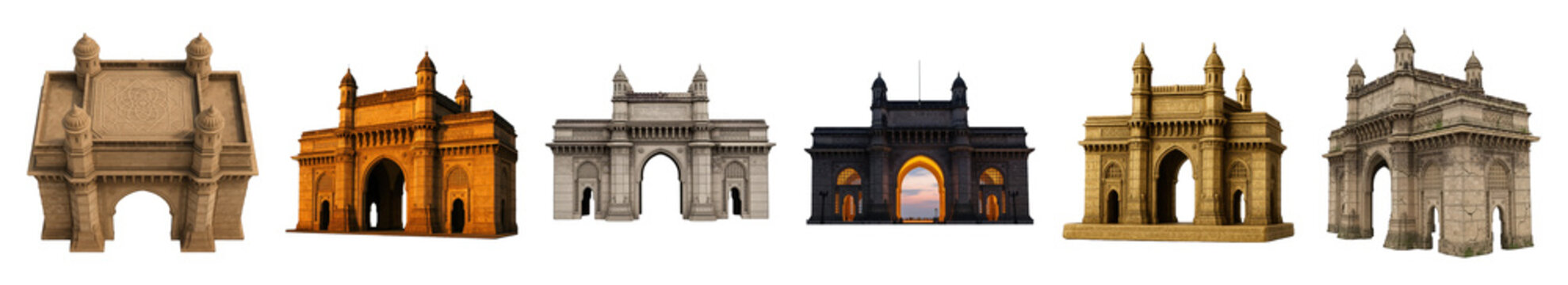 Gateway of India monument set including weathered, golden, day, and night versions isolated. Indian landmark and travel collection.