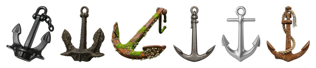 Obraz premium Anchor set including new black, old barnacle, mossy, weathered metal, polished silver, and rope wrapped designs isolated. Nautical and marine themed collection.