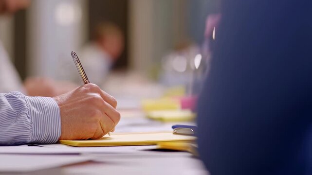 Crisp medium shot of a professional writing fallback term notes in a contract playbook workshop environment and other materials fading into background.