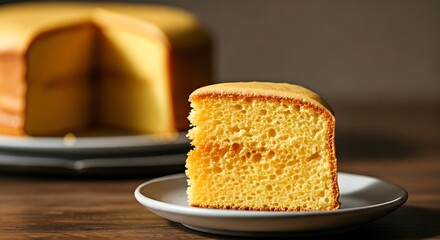 A slice of moist yellow cake on a white plate with a blurred cake in the background on a wooden table.
