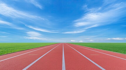 Running track field with green grass under blue sky