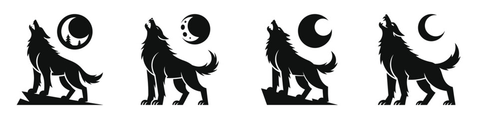 Howling Wolf Halloween Vector Set – Spooky Wolf Silhouettes with Full Moon for Horror Illustrations, Haunted Night Scenes, Posters, Stickers, Party Decor, and Scary Seasonal Artwork