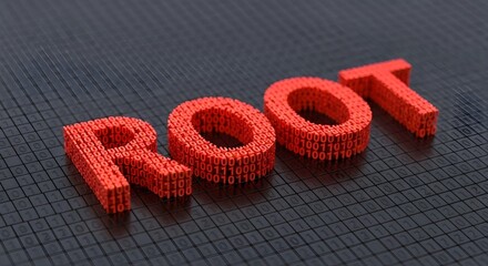 3D Render of Red ROOT Word in Digital Technology Background for Cybersecurity Website Banner