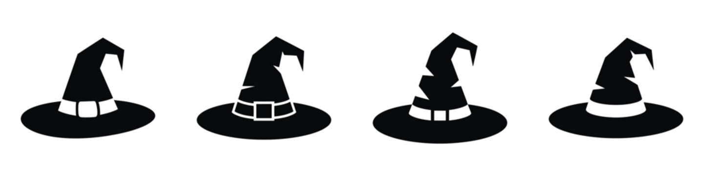 Witch Hat Halloween Vector Set &ndash; Spooky Pointed Hat Silhouettes for Horror Illustrations, Costume Designs, Party Invitations, Stickers, Posters, Haunted House Decor, and Magical Seasonal Graphics