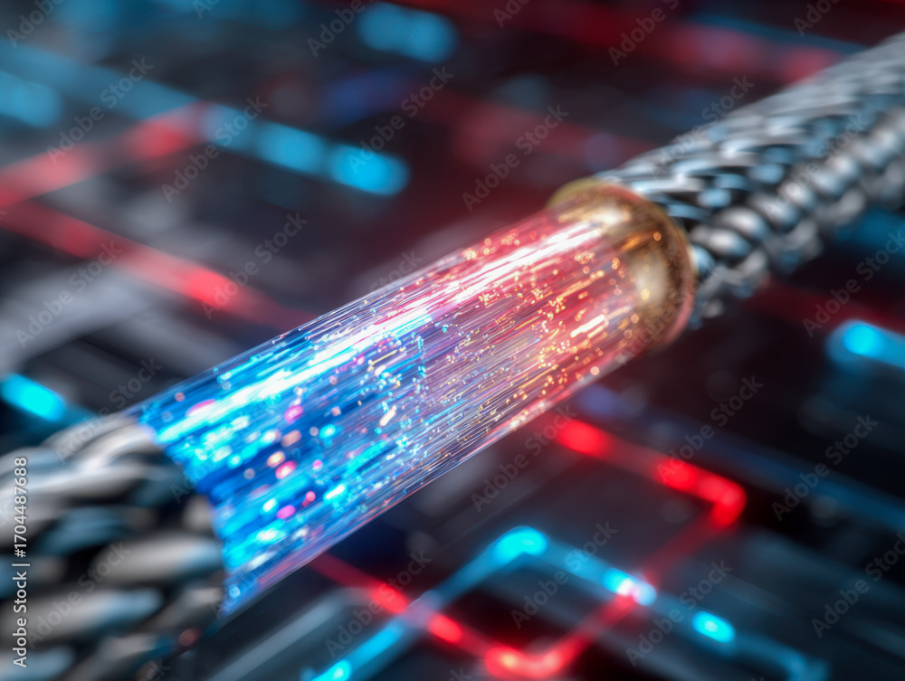 Poster high-speed fiber optic cable transmitting vibrant blue and red data pulses over a futuristic digital