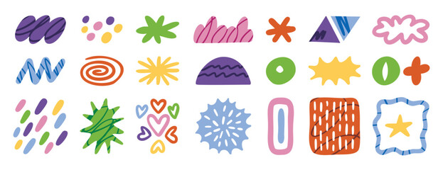 Abstract doodle elements with spirals, plants and wavy lines in naive style. Hand drawn.