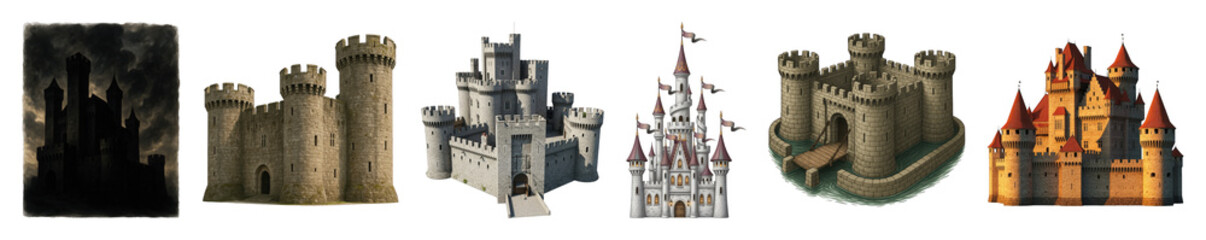 Obraz premium Castle set including medieval, fairytale, fortified, and dark styles isolated. Fantasy and historic architecture elements.