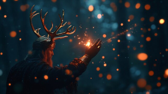 Man with deer antlers on head creating magic with sparkling light from hand. Dark wizard or druid fantasy concept.