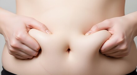 Obraz premium Woman pinching excess belly fat showing weight loss struggles for health and fitness campaign