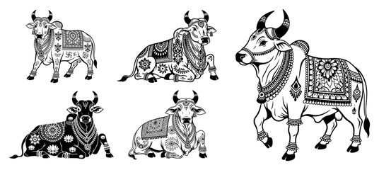 Sacred Cow and Nandi Bull Set Indian Line Art Vector © Anna