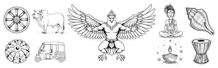 Indian Spiritual and Cultural Symbols in a Hand Drawn Style