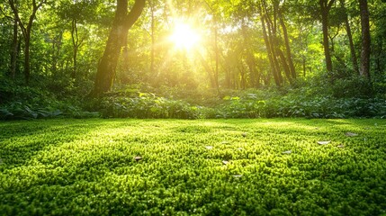 Fototapeta premium Green moss carpet in sunlit forest