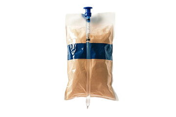 Medical feeding bag with blue stripe and syringe on transparent background