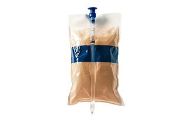 Medical feeding bag with blue stripe and syringe on transparent background
