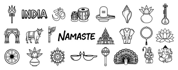 Outline Icon Collection of Hindu Deities and Indian Symbols