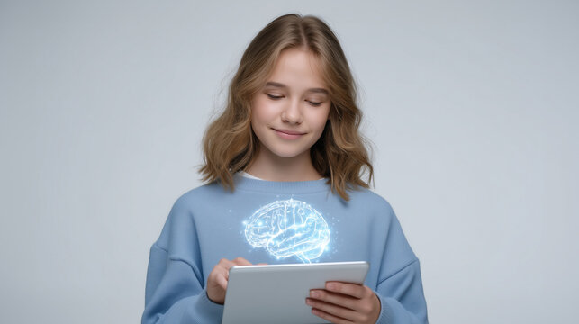 Schoolgirl in casual outfit using tablet, white background with holographic AI brain projection, clean futuristic style. AI tools, student studying, minimal education, digital tran - Powered by Adobe