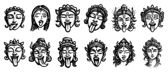 Set of Hand Drawn Illustrations of Hindu Goddess Kali