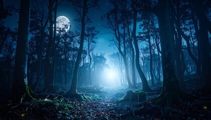 Night forest scene, moonlit path through trees, glowing light ahead, dark and mysterious ambiance