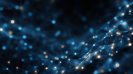 Abstract neural network with glowing digital nodes connected by luminous lines, futuristic dark background with large copy space. neural network, dark tech, AI illustration, digita