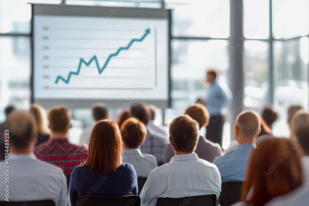 Poster a diverse group of professionals attentively watching a business presentation with a rising line gra