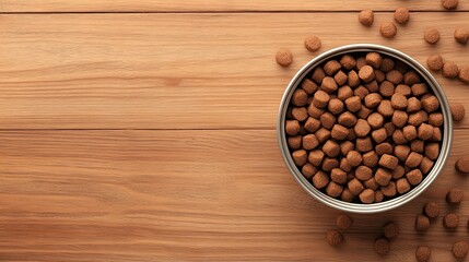 Dry pet food in bowl on wood table