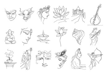 Hindu and Indian Cultural Symbols in a Minimalist One Line Art Style